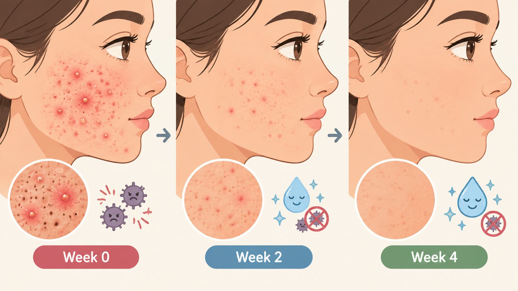 A diagram illustrating the improvement of acne-prone skin over a four-week treatment period with skincare products.