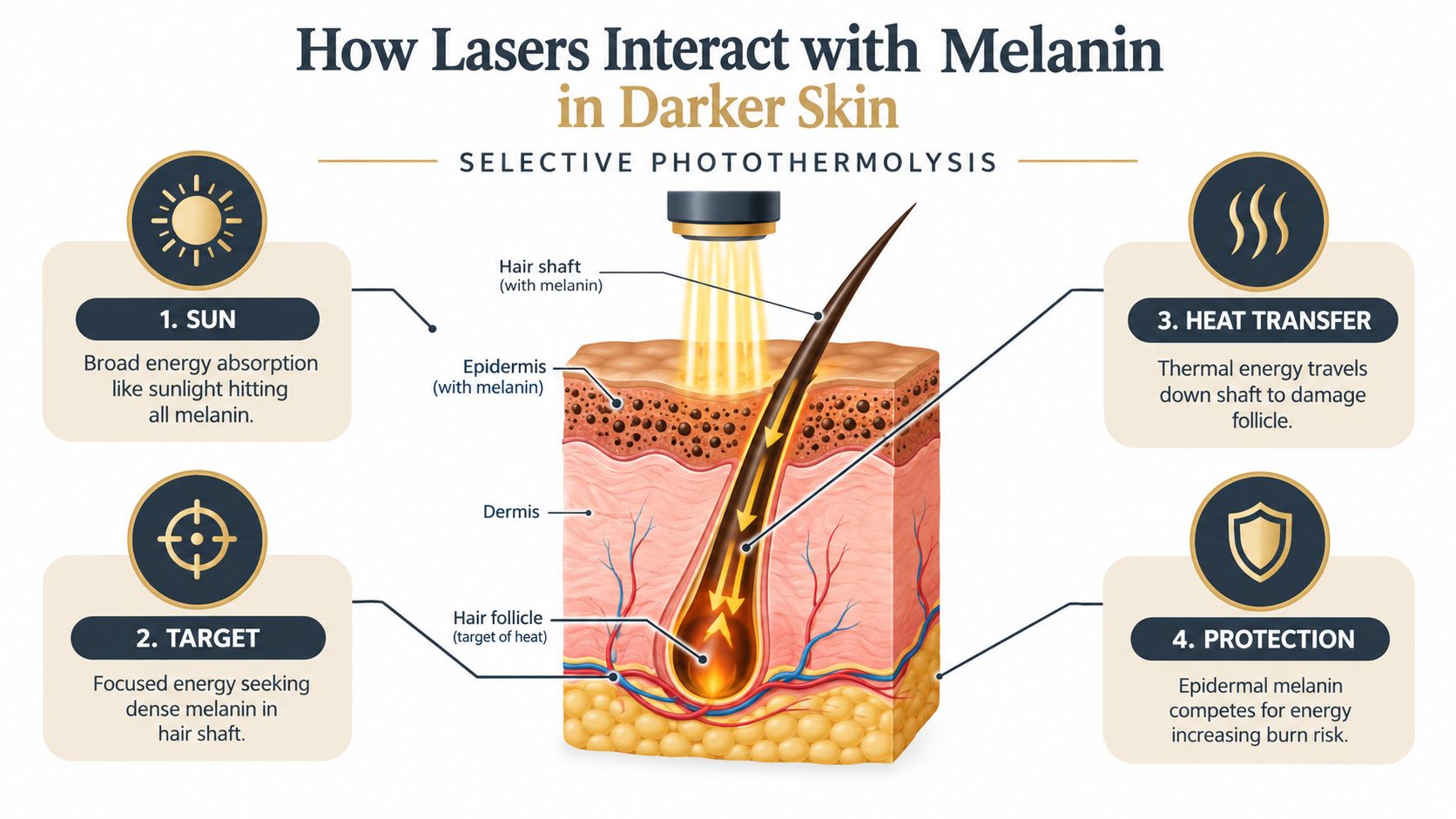 A diagram explaining selective photothermolysis, showing how laser light interacts with melanin in darker skin for hair removal.
