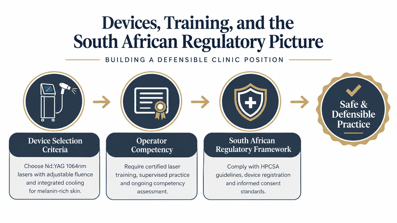 A diagram outlining the requirements for safe and defensible laser hair removal practice in South Africa.