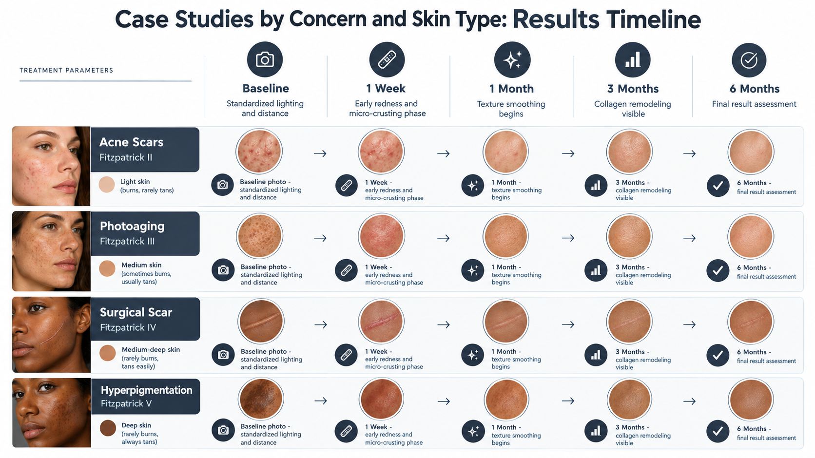 A timeline chart showing laser resurfacing results across different skin types and clinical concerns over six months.