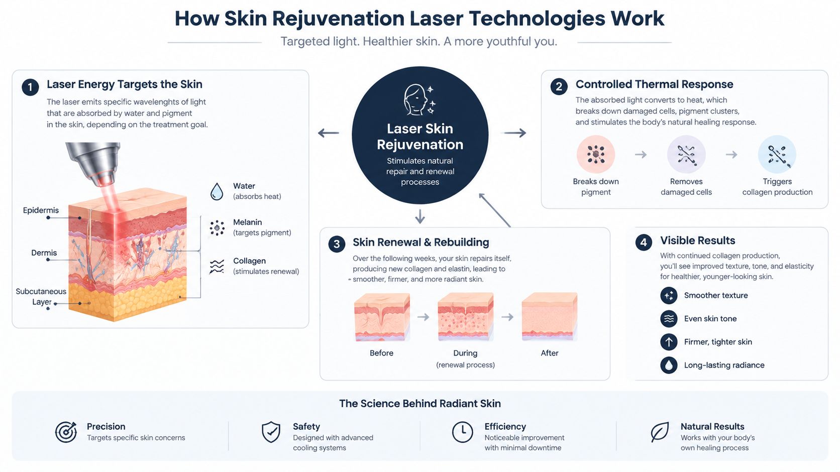 A detailed infographic explaining how laser skin rejuvenation technology works to stimulate natural repair and renewal processes.