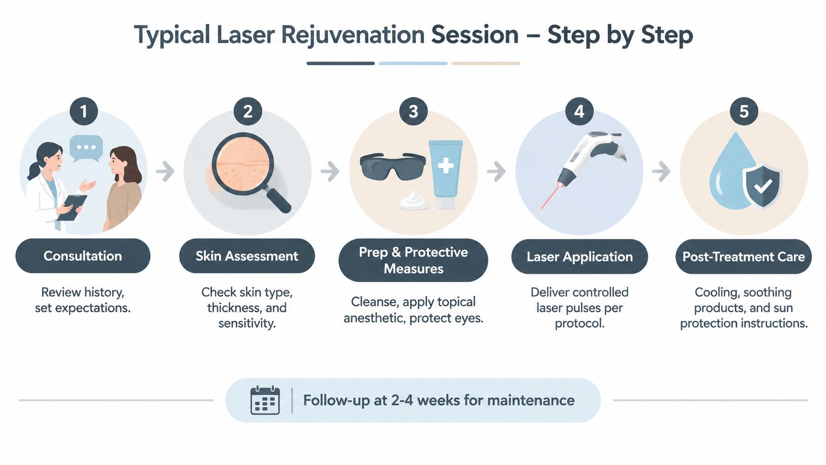 A step-by-step infographic illustrating the five stages of a professional laser skin rejuvenation treatment process.
