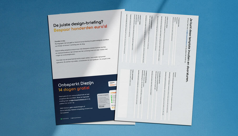 Afbeelding van een ontwerpbriefing met tekst en tabellen op wit papier.