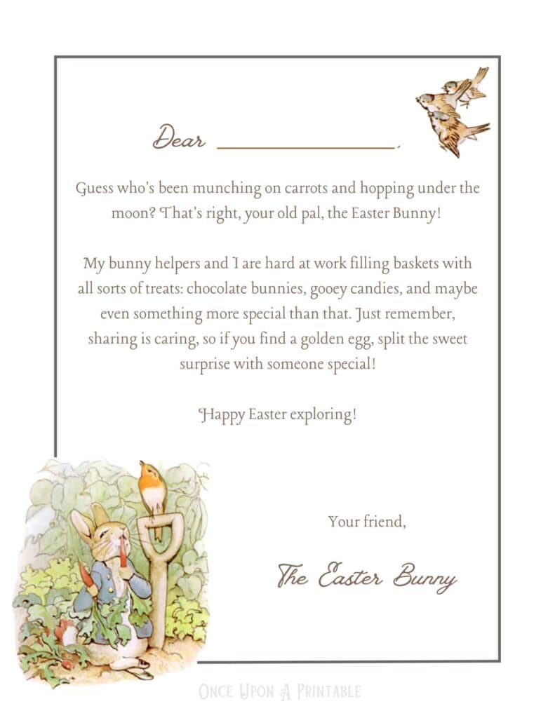 Peter Rabbit themed Easter Bunny letters with pre-written notes.