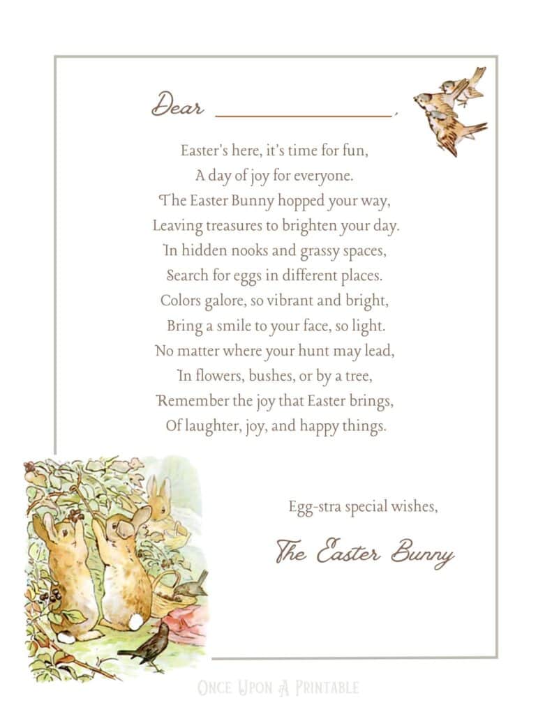 Peter Rabbit themed Easter Bunny letters with pre-written notes.