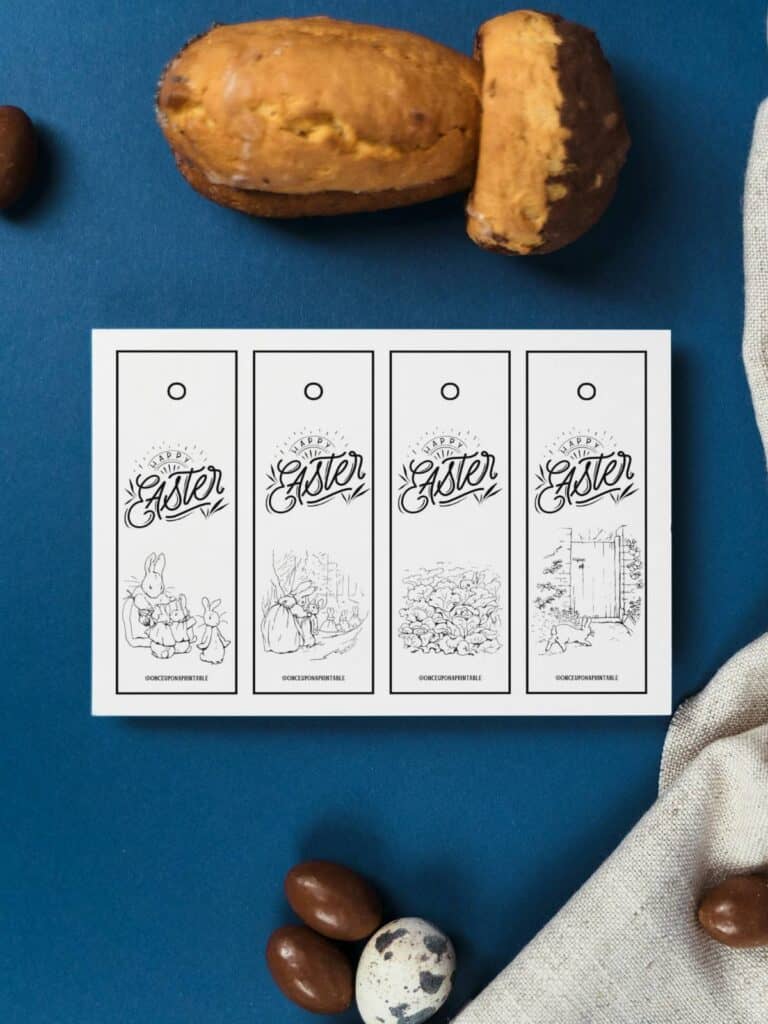 Coloring bookmarks for Kids on Easter, black and white Peter Rabbit Illustrations.