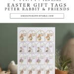 Free printable Peter Rabbit and Friends Gift tags for Easter baskets displayed with eggs.