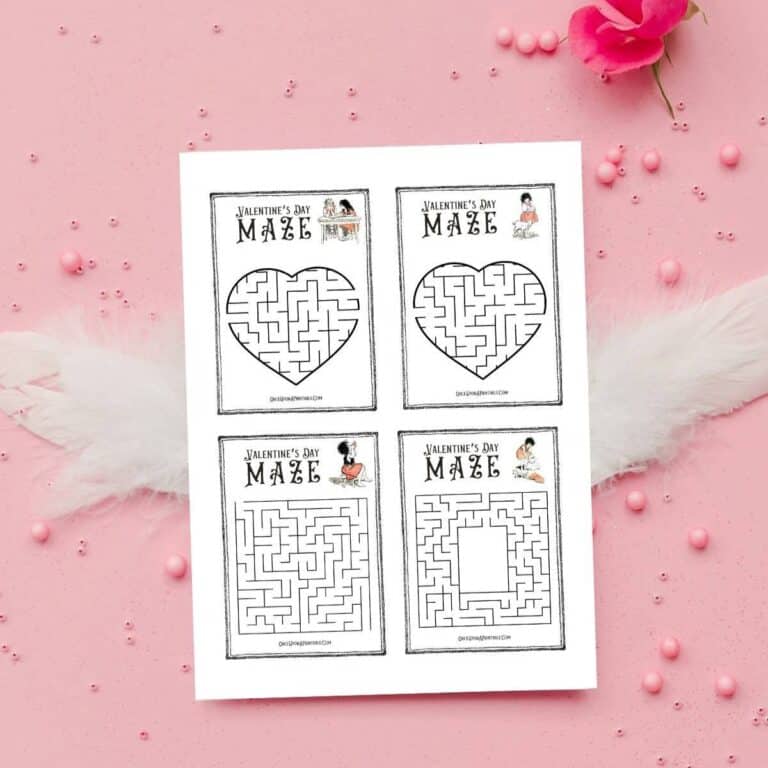 Jessie Willcox Smith "Heidi" illustrated Valentine's Day maze cards on a pink background with feathers and flower petals.