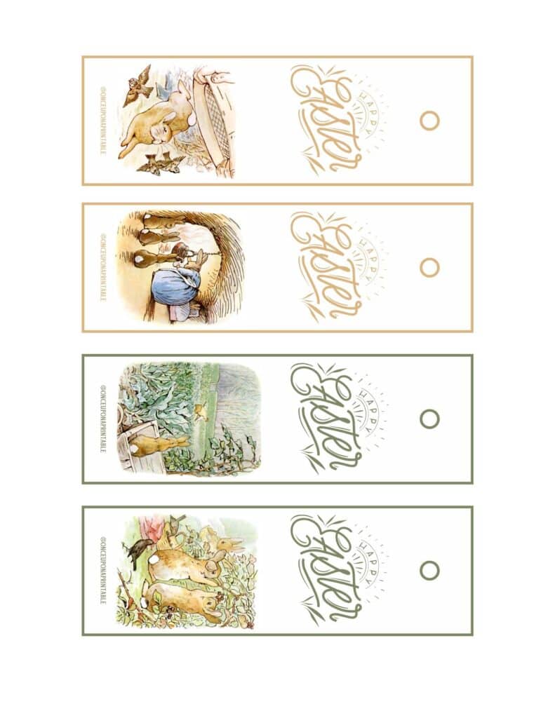 Peter Rabbit full color illustrated Easter bookmarks.