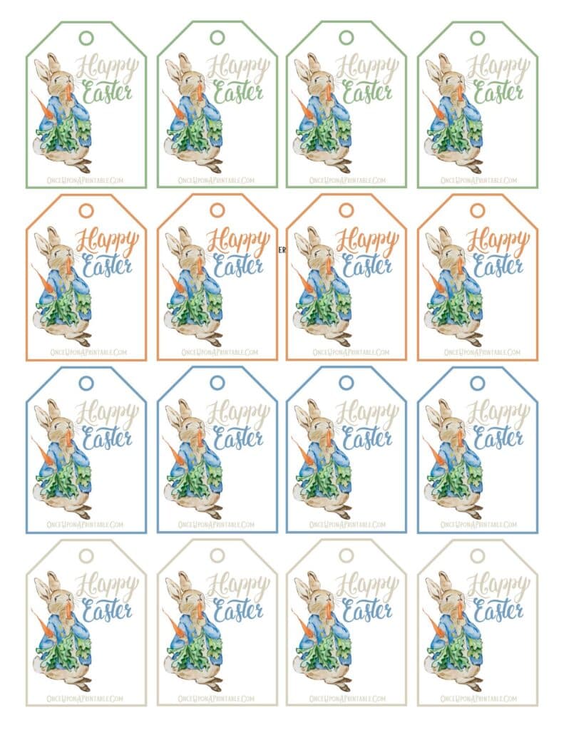 Peter Rabbit and Friends Happy Easter Gift Tags with various watercolor illustrations and pastel color palette.