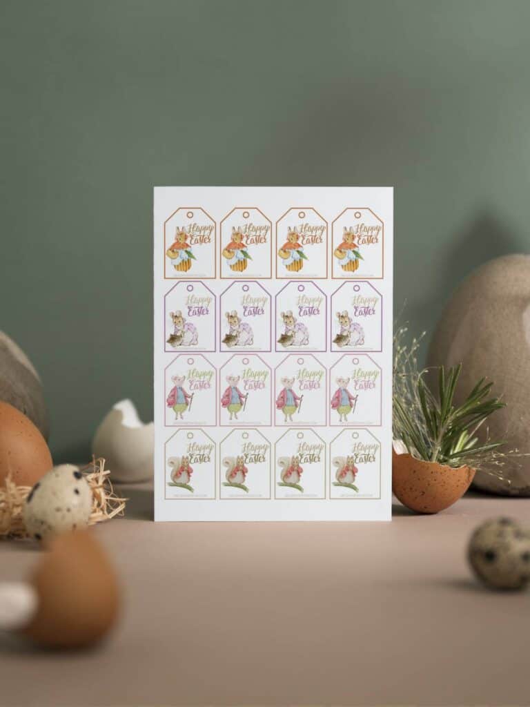 Peter Rabbit and Friends illustrated gift tags for Easter displayed in a sheet with eggs.