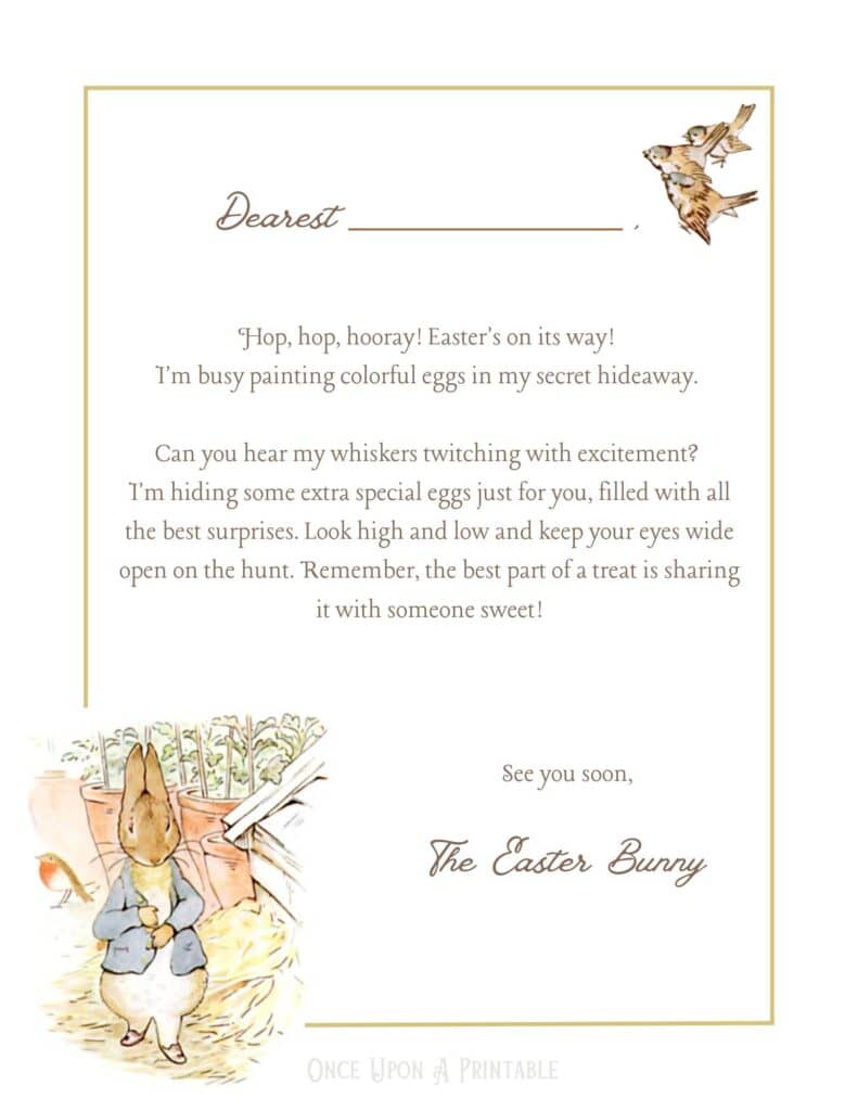Easter Bunny letter Peter Rabbit themed, pre-written text and illustrations by Beatrix Potter.