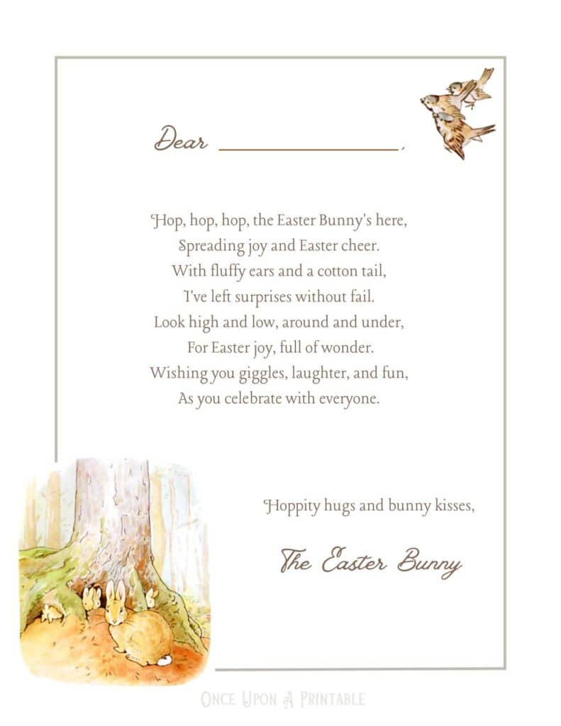 Easter Bunny letter Peter Rabbit themed, pre-written text and illustrations by Beatrix Potter.