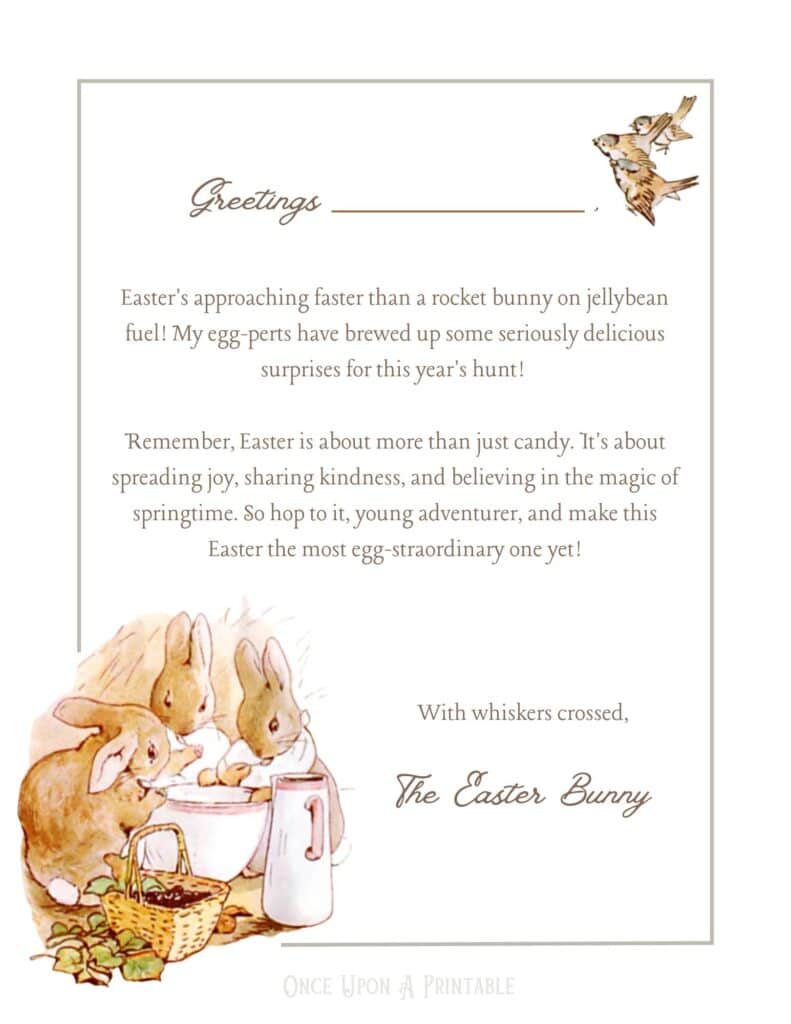 Easter Bunny letter Peter Rabbit themed, pre-written text and illustrations by Beatrix Potter.