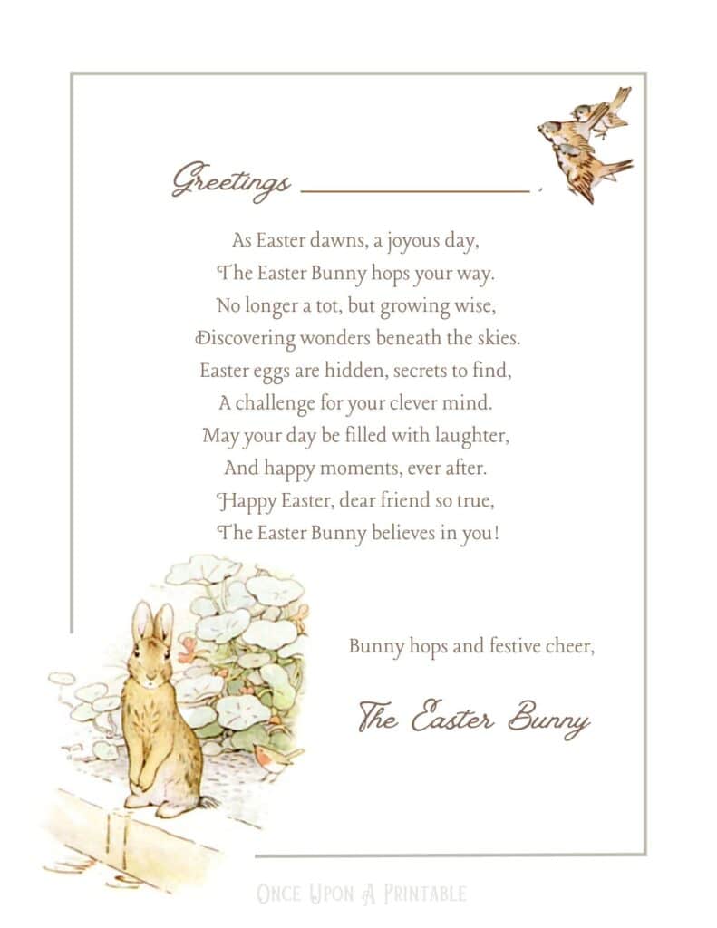 Easter Bunny letter Peter Rabbit themed, pre-written text and illustrations by Beatrix Potter.