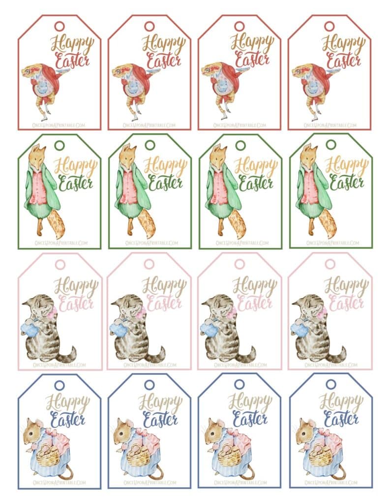 Peter Rabbit and Friends Happy Easter Gift Tags with various watercolor illustrations and pastel color palette.