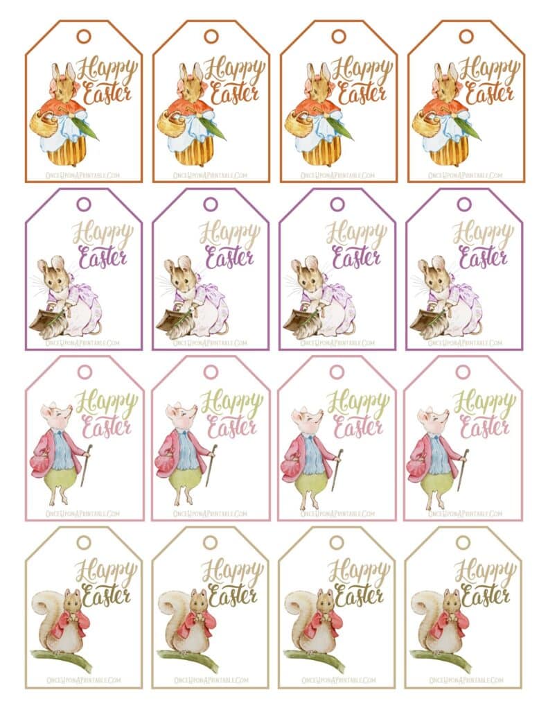 Peter Rabbit and Friends Happy Easter Gift Tags with various watercolor illustrations and pastel color palette.