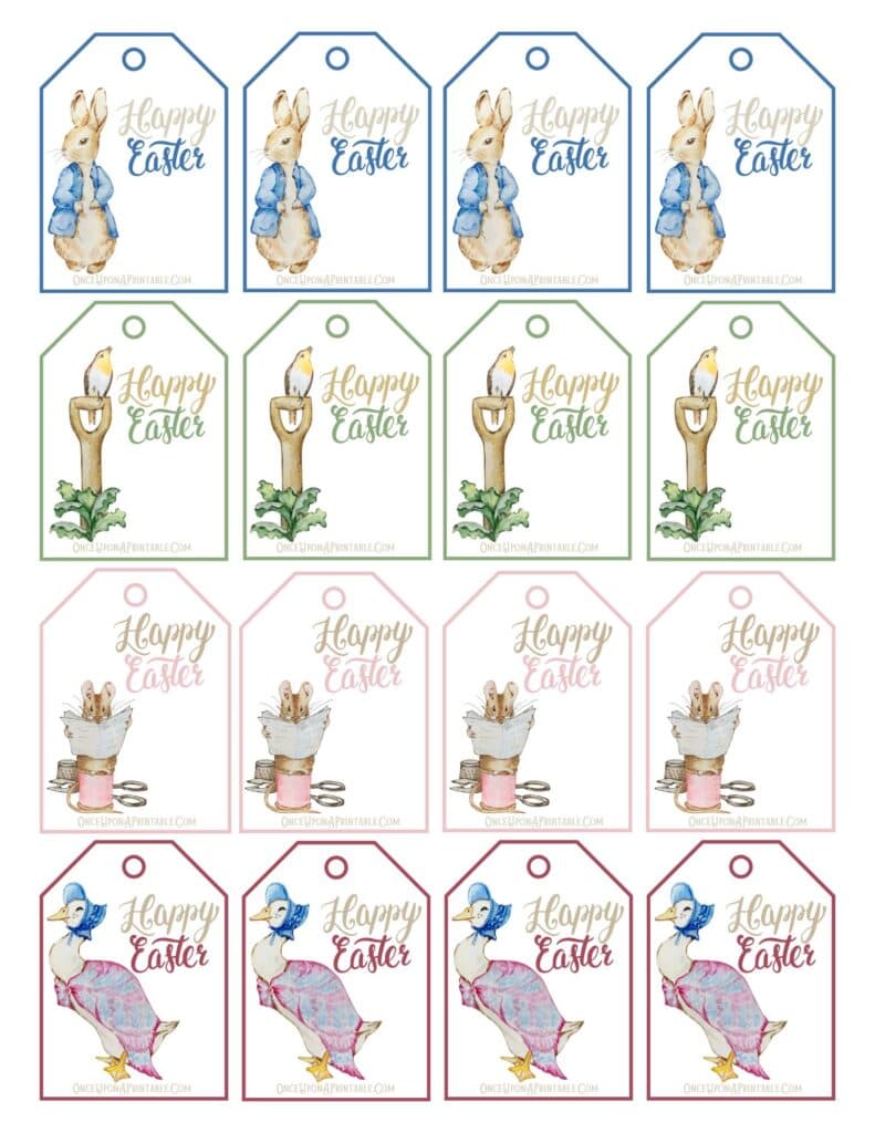 Peter Rabbit and Friends Happy Easter Gift Tags with various watercolor illustrations and pastel color palette.