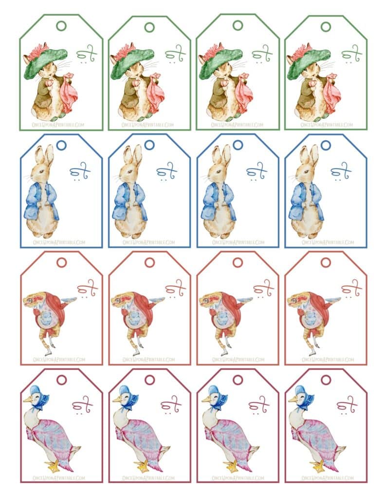 Peter Rabbit and Friends "To" Gift Tags with various watercolor illustrations and pastel color palette.