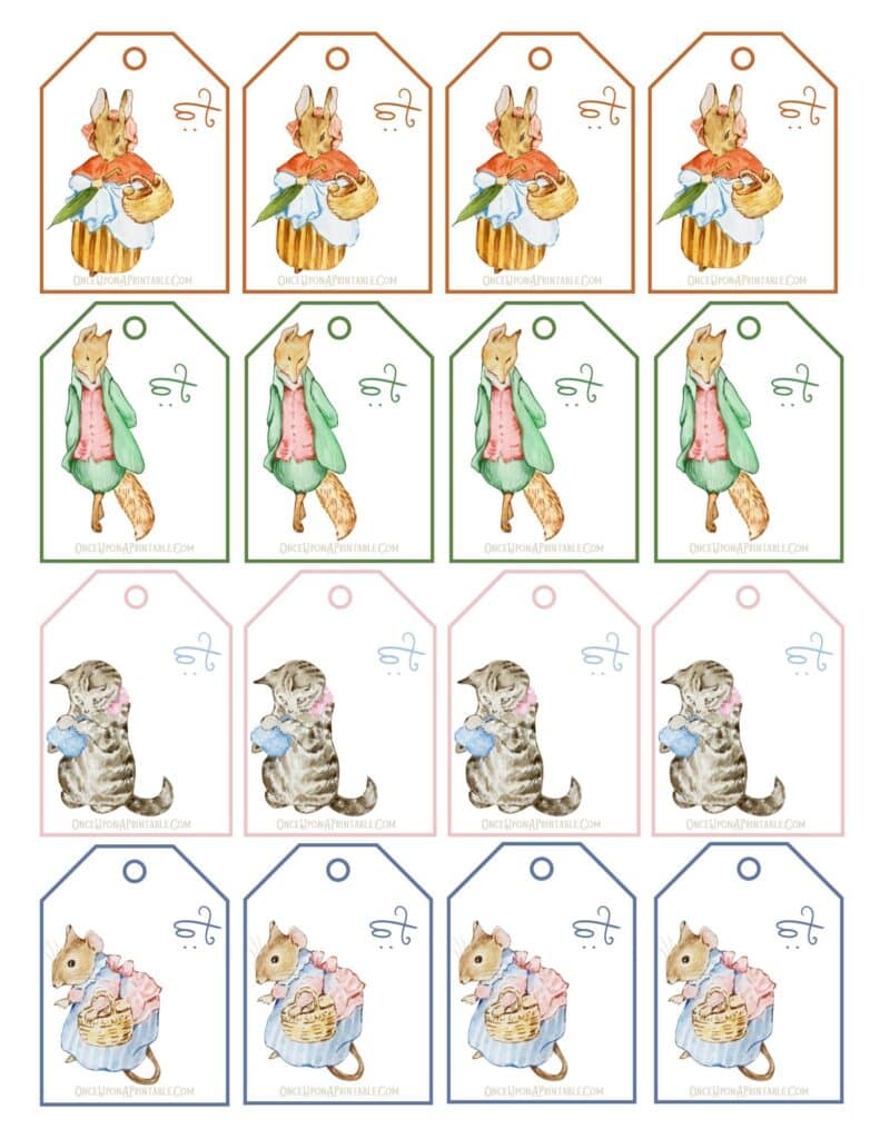 Peter Rabbit and Friends "To" Gift Tags with various watercolor illustrations and pastel color palette.