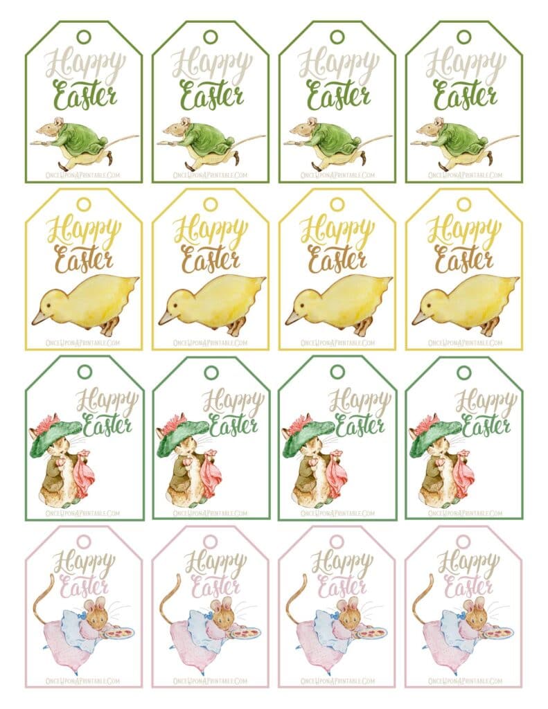 Peter Rabbit and Friends Happy Easter Gift Tags with various watercolor illustrations and pastel color palette.