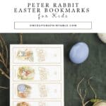 Free printable peter rabbit Easter bookmarks for kids, a page of bookmarks on a green grassy background with eggs.