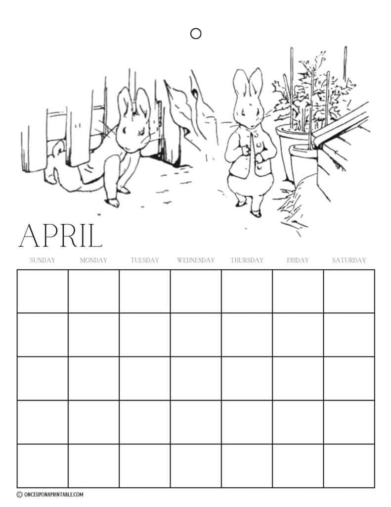 Peter Rabbit and friends illustrations by Beatrix Potter coloring page calendars for kids.