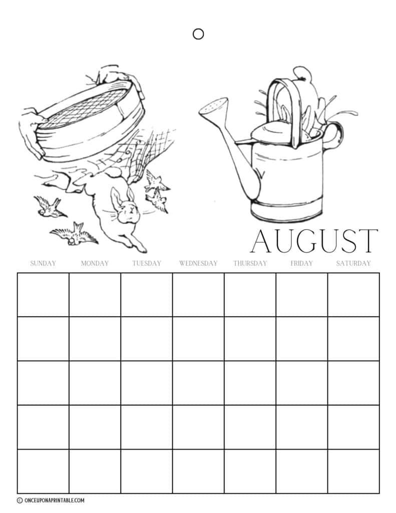 Peter Rabbit and friends illustrations by Beatrix Potter coloring page calendars for kids.
