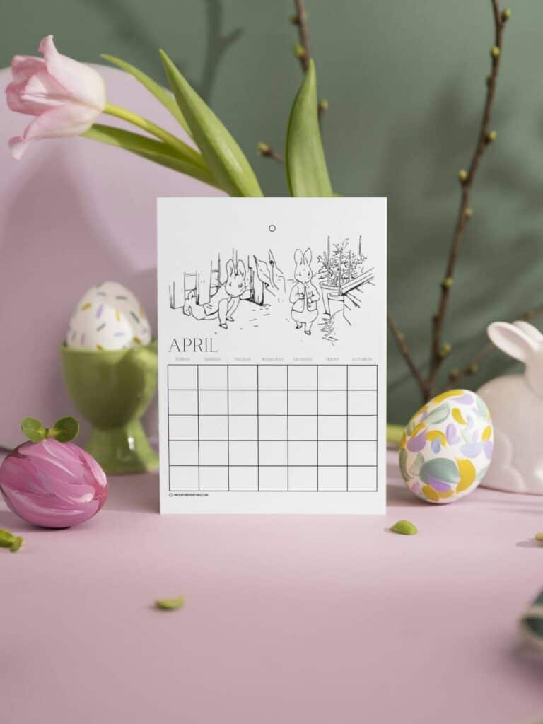 Coloring page Calendars Peter Rabbit with eggs.
