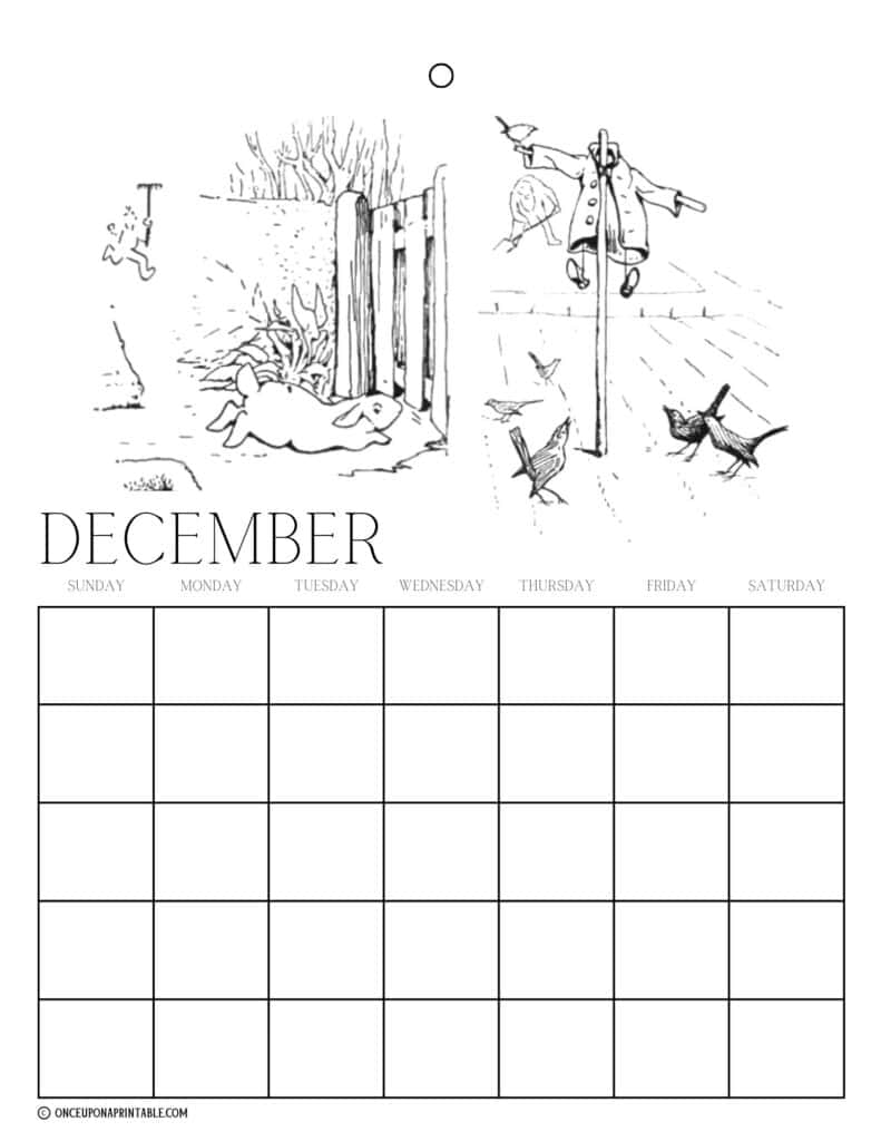 Peter Rabbit and friends illustrations by Beatrix Potter coloring page calendars for kids.