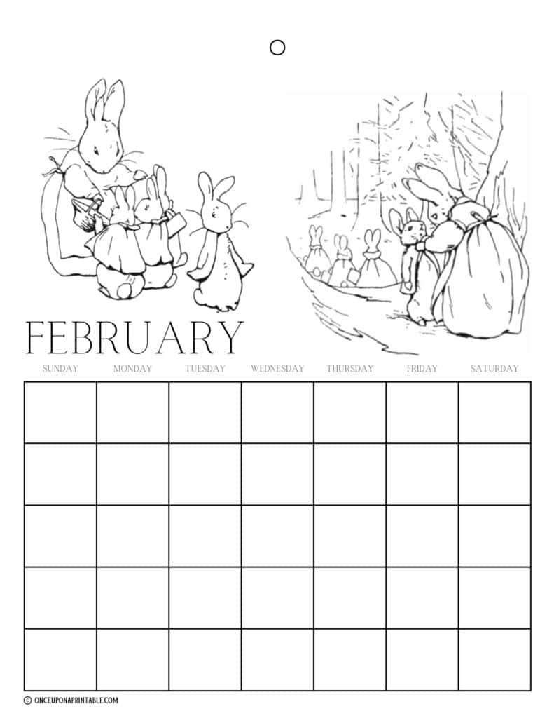 Peter Rabbit and friends illustrations by Beatrix Potter coloring page calendars for kids.