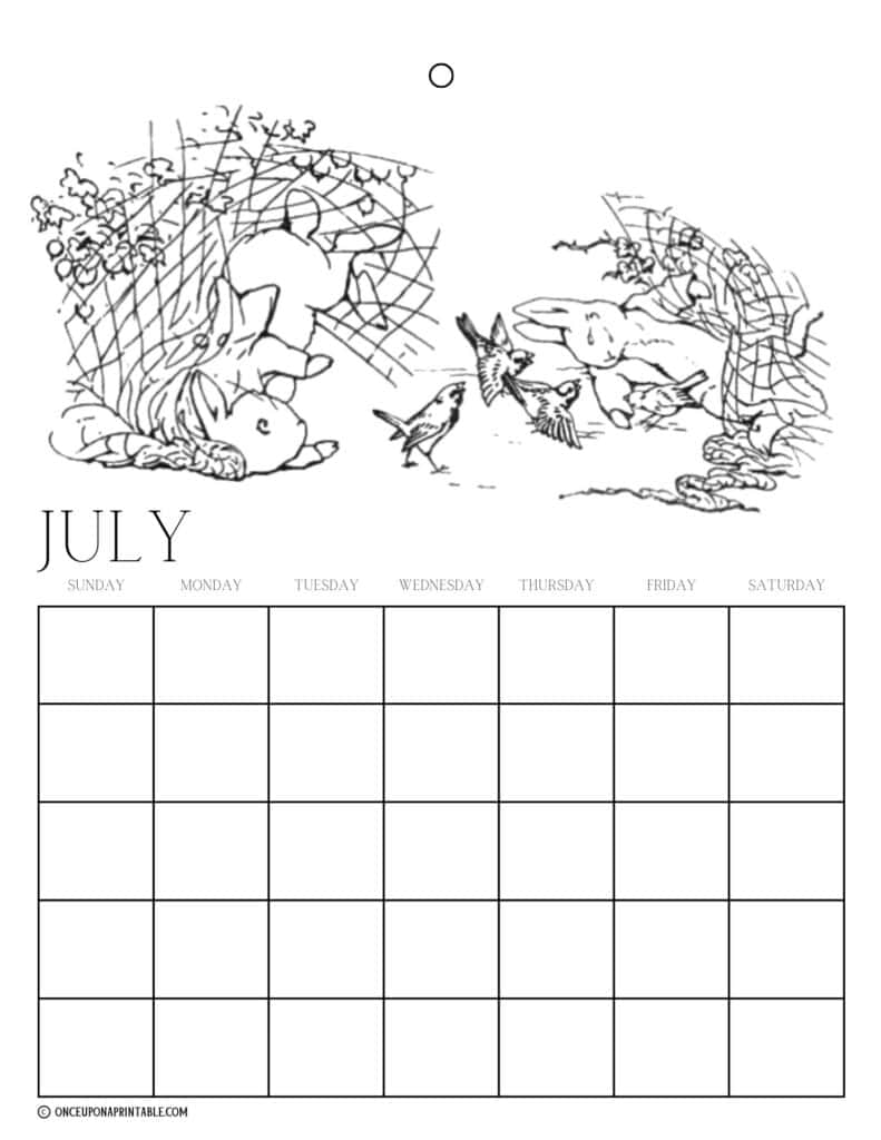 Peter Rabbit and friends illustrations by Beatrix Potter coloring page calendars for kids.