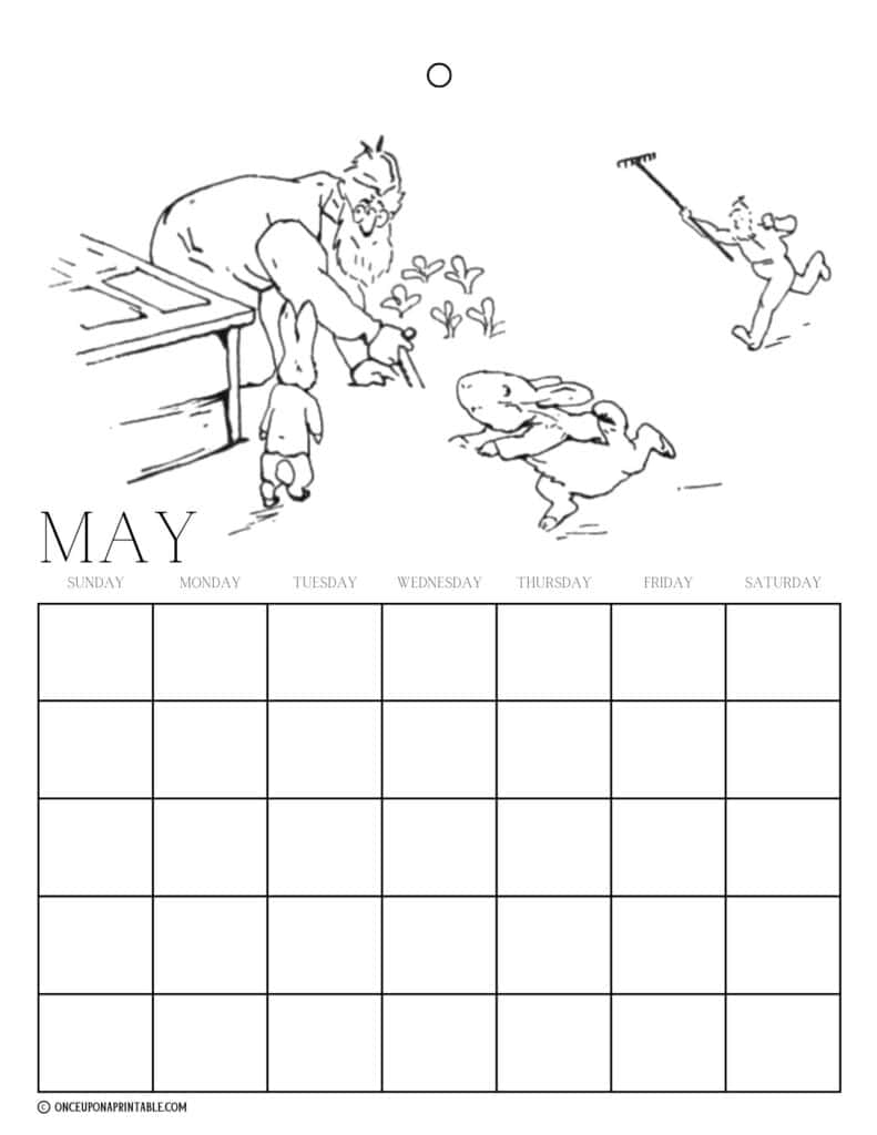 Peter Rabbit and friends illustrations by Beatrix Potter coloring page calendars for kids.
