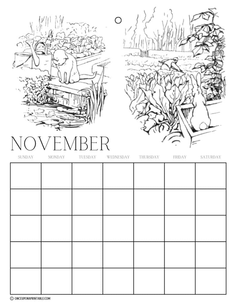 Peter Rabbit and friends illustrations by Beatrix Potter coloring page calendars for kids.
