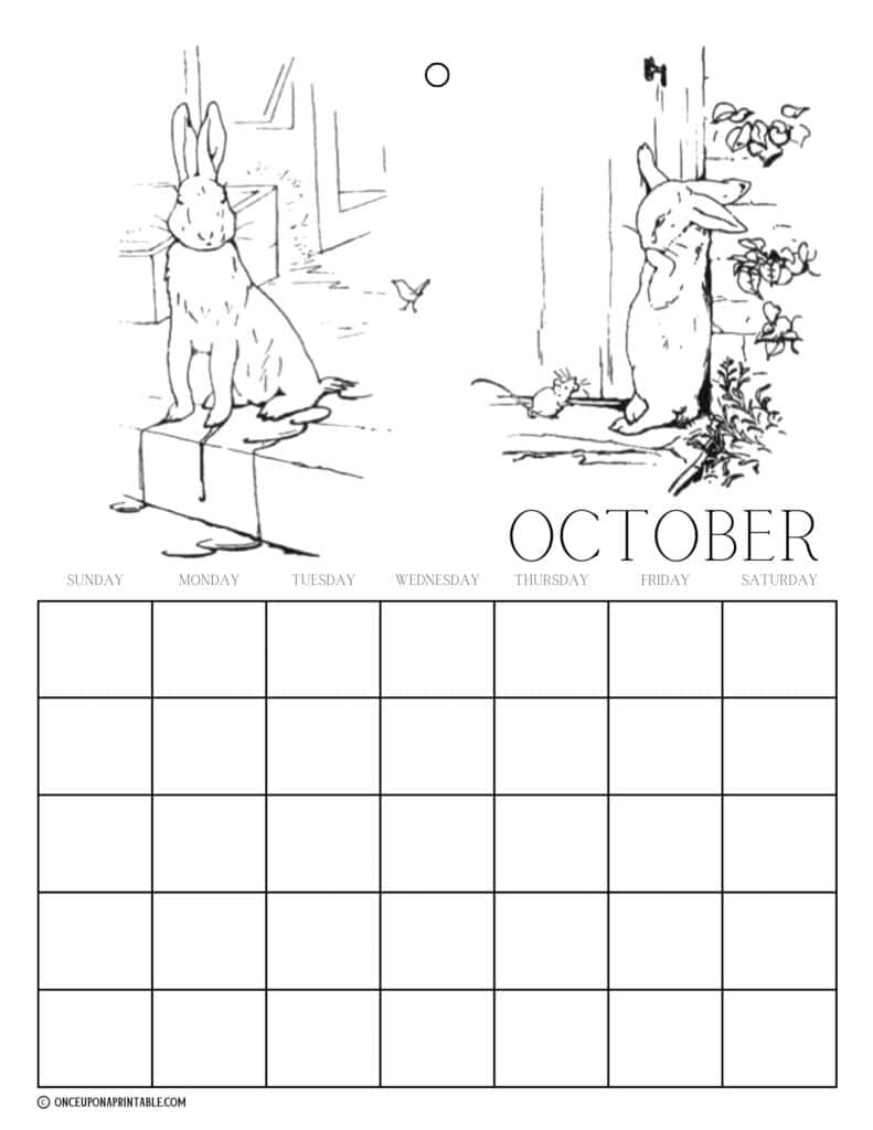 Peter Rabbit and friends illustrations by Beatrix Potter coloring page calendars for kids.