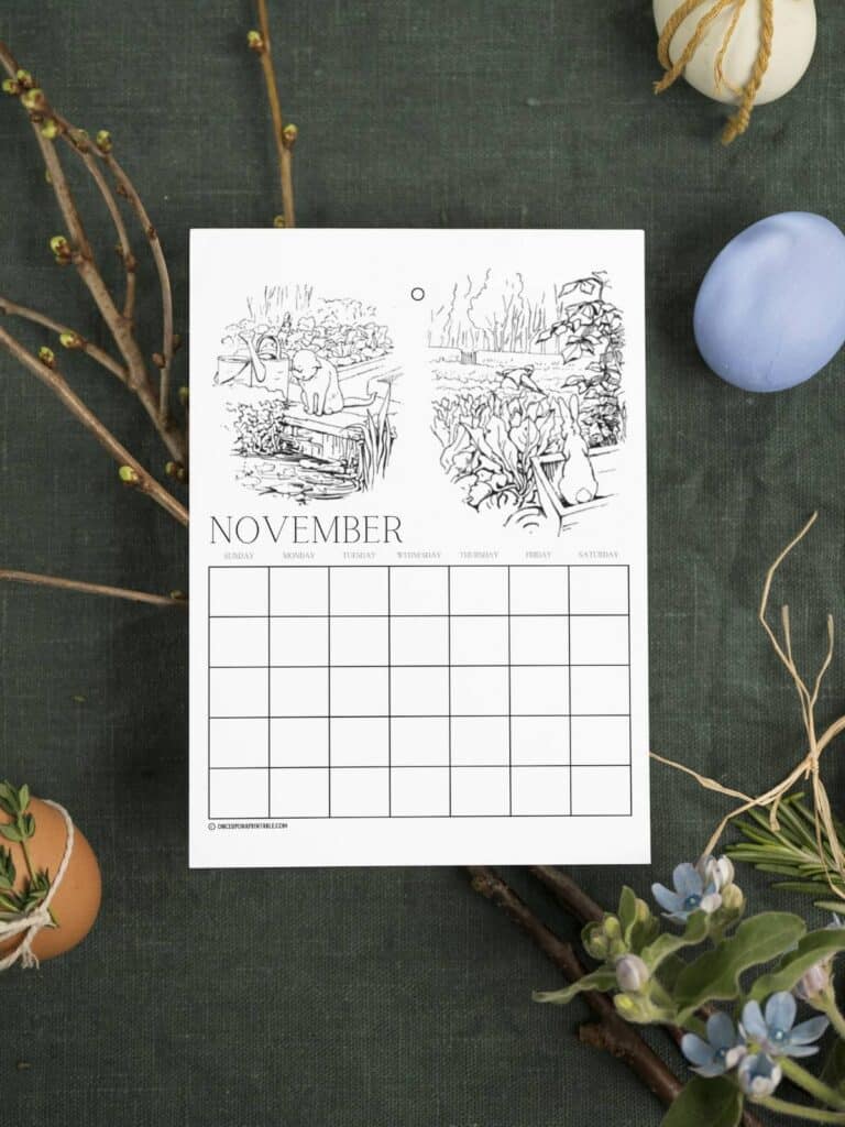 Peter Rabbit calendars free printable with green background.