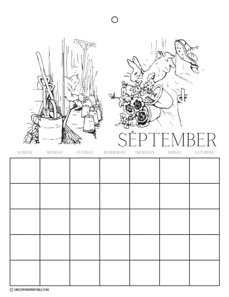 Peter Rabbit and friends illustrations by Beatrix Potter coloring page calendars for kids.