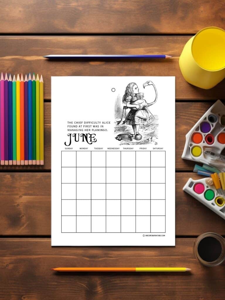 Alice and Flamingo croquet mallet, coloring page calendar.
