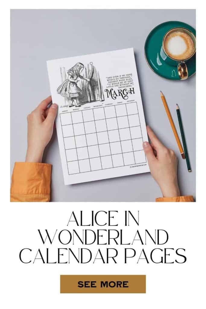 Alice's Adventures in Wonderland Calendar Pages pinterest pin.