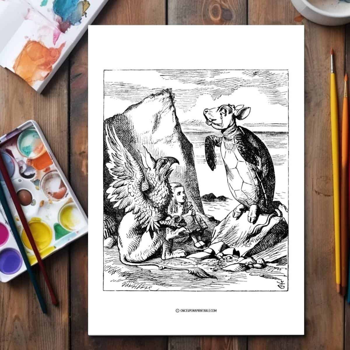 Alice in Wonderland Mock Turtle and the Gryphon listen to the sad story.