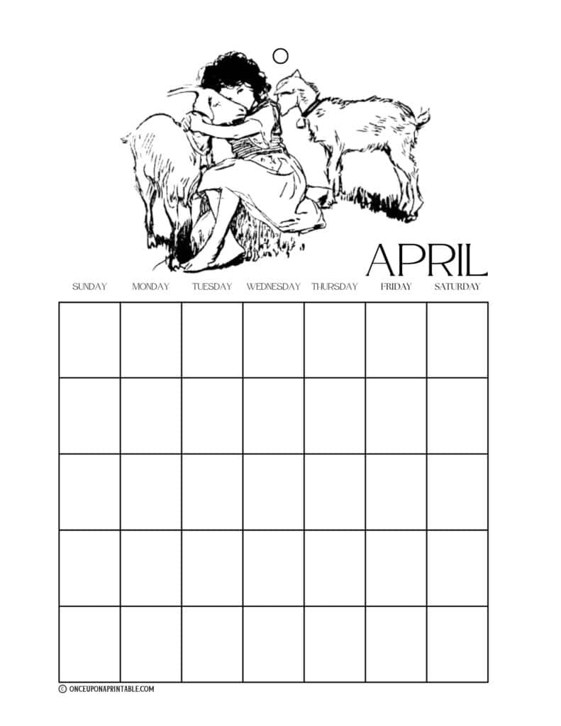 Heidi coloring page calendar in black and white illustrations by Jessie Willcox Smith.