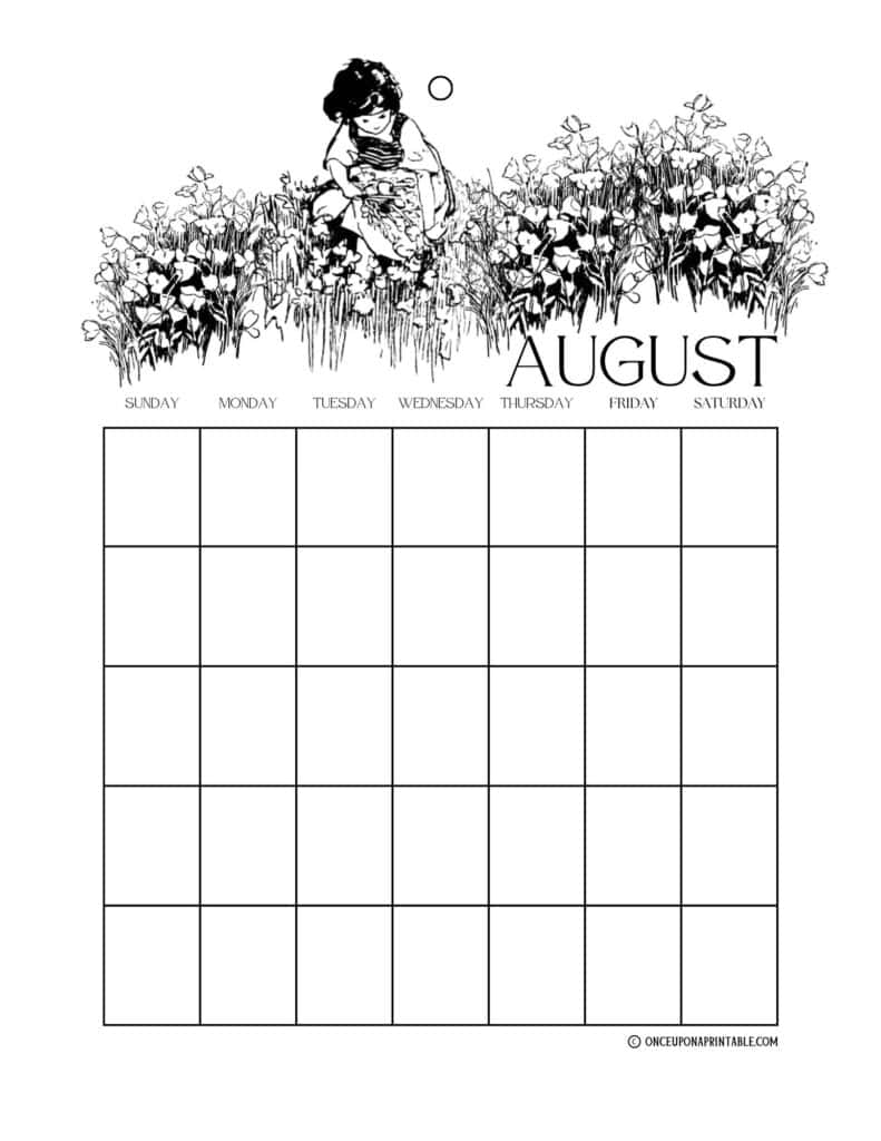 Heidi coloring page calendar in black and white illustrations by Jessie Willcox Smith.