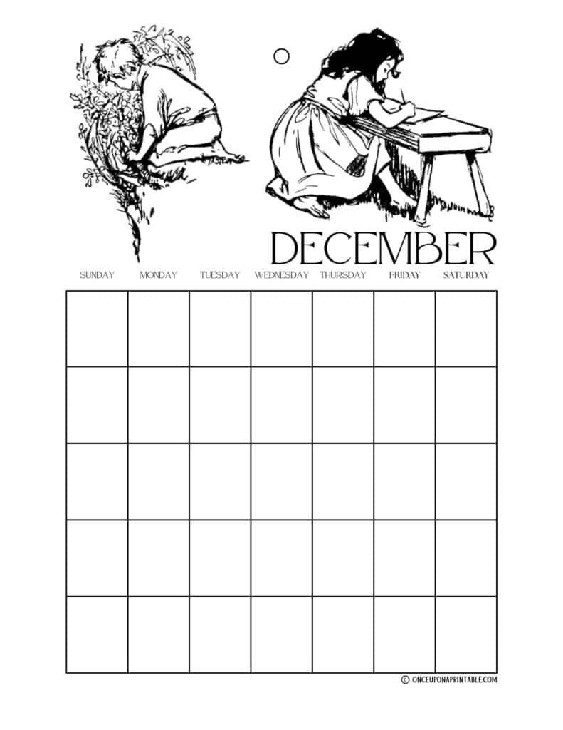 Heidi coloring page calendar in black and white illustrations by Jessie Willcox Smith.