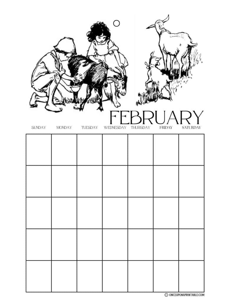 Heidi coloring page calendar in black and white illustrations by Jessie Willcox Smith.
