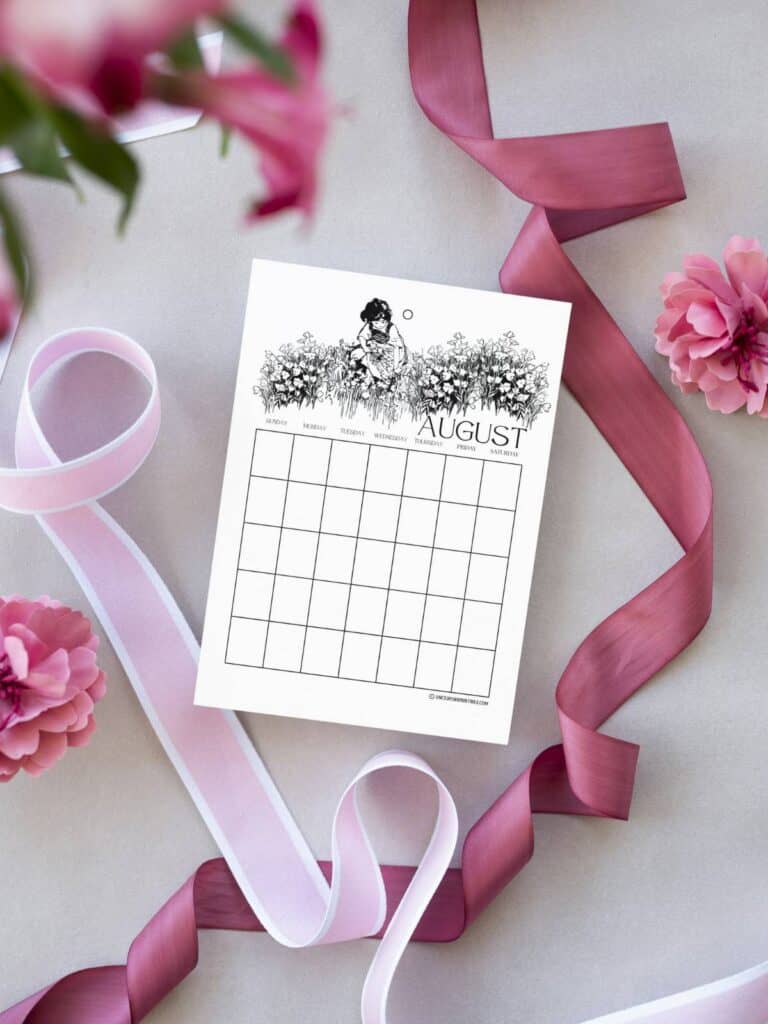 Heidi illustrated calendar pages by Jessie Willcox Smith sitting on a pink ribbon with pink flowers.
