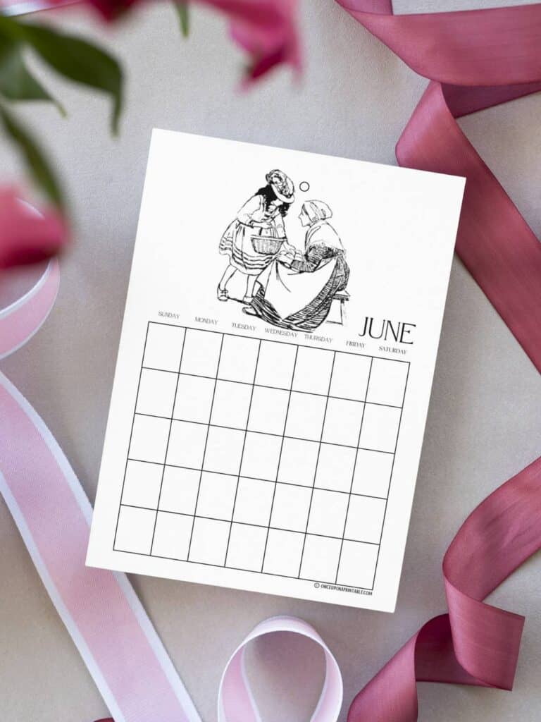 Heidi illustrated calendar pages by Jessie Willcox Smith sitting on pink ribbons with flowers.