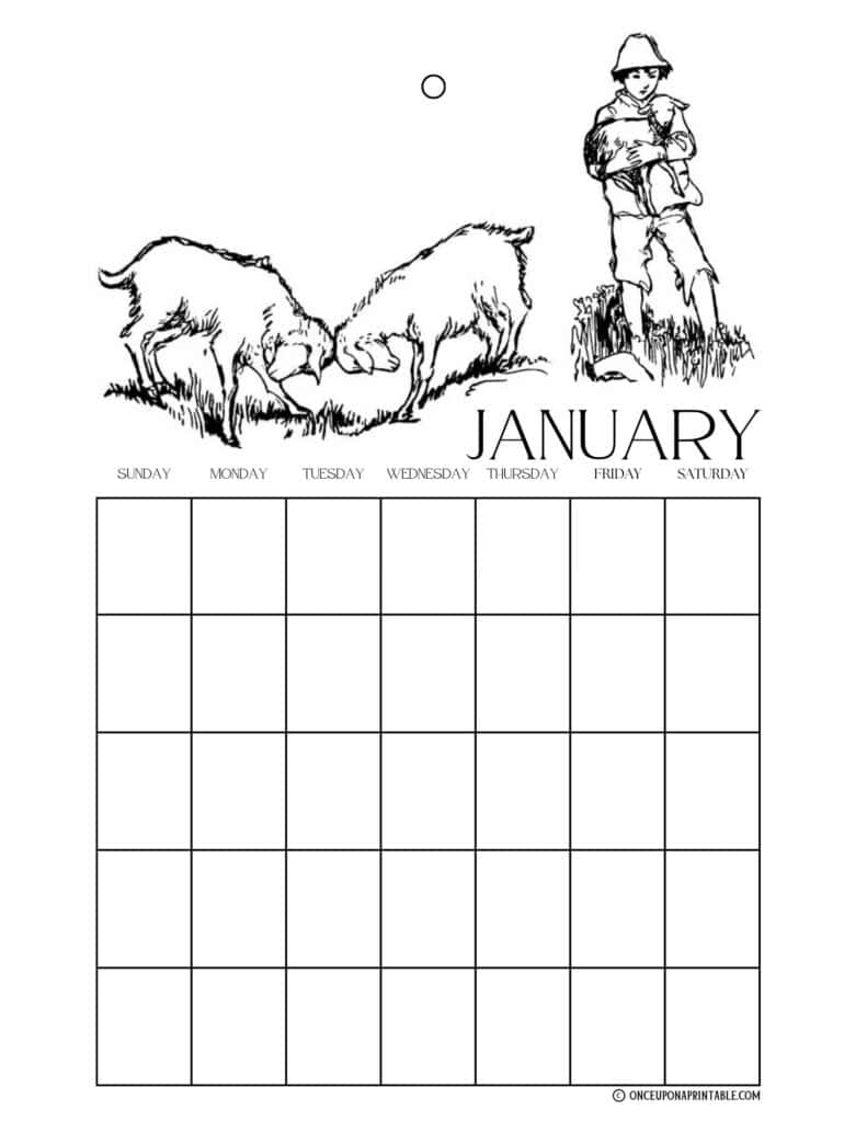 Heidi coloring page calendar in black and white illustrations by Jessie Willcox Smith.