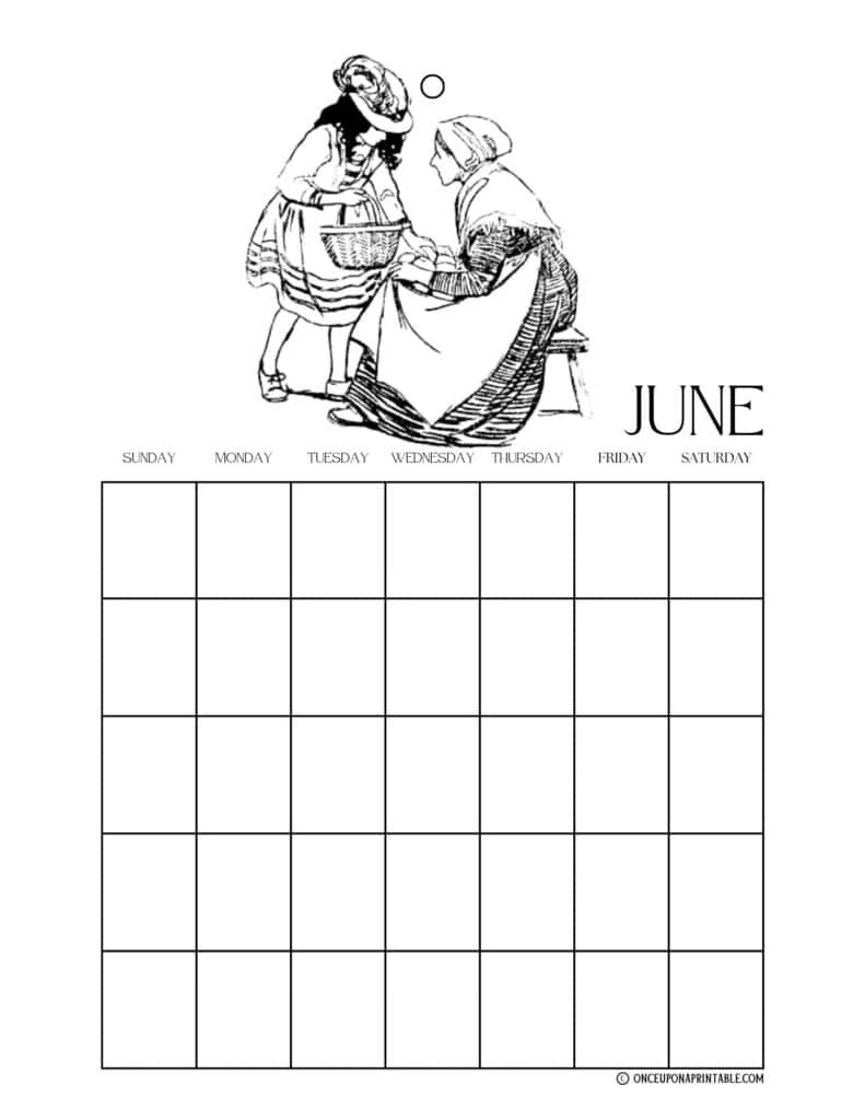 Heidi coloring page calendar in black and white illustrations by Jessie Willcox Smith.