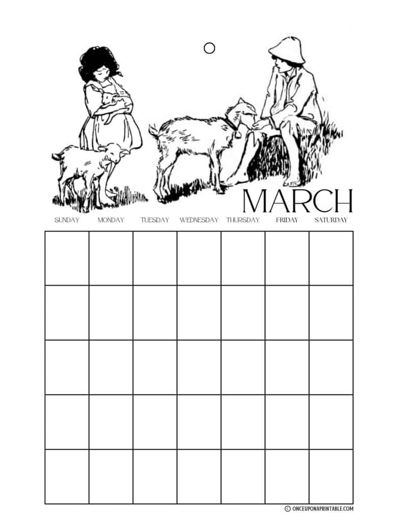 Heidi coloring page calendar in black and white illustrations by Jessie Willcox Smith.