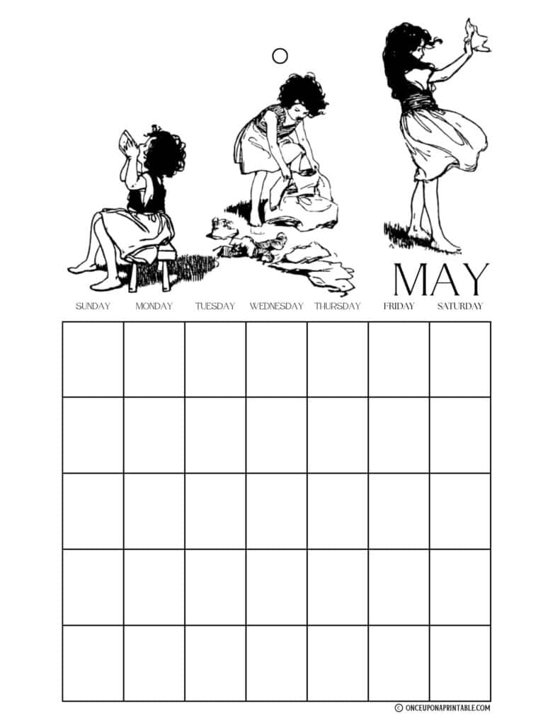 Heidi coloring page calendar in black and white illustrations by Jessie Willcox Smith.